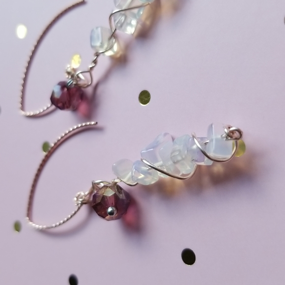 Handmade Earrings - Moonstone Chips & Dark Lilac Crystal Rondelle - EUC - Picture 2 of 7